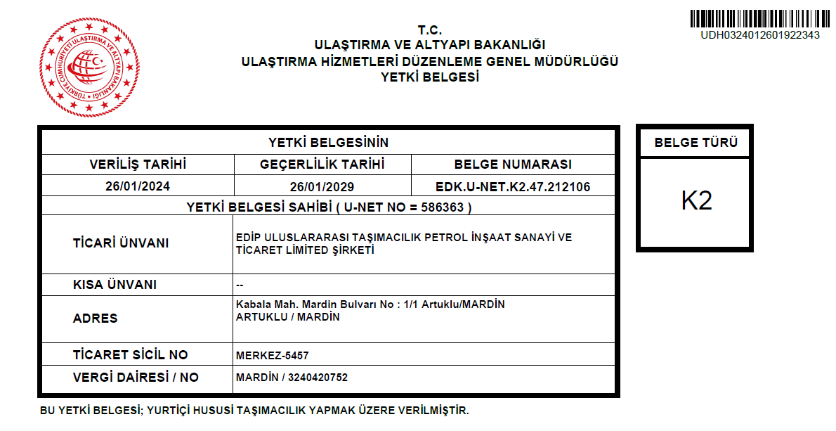 K2 Yetki Belgesi