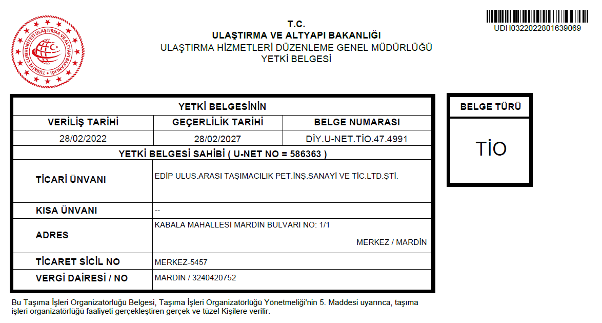 TİO ( Taşıma İşleri Organizatörü) Belgesi